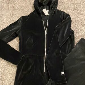 Fabletics Black Velour Zip-Up hooded wide leg romper